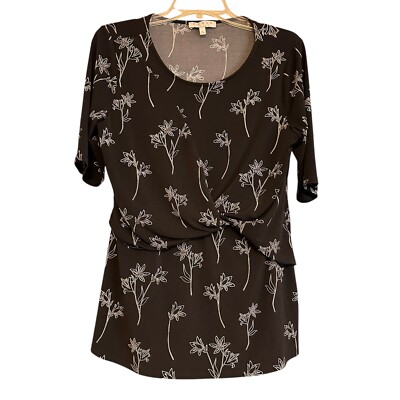 Chaus Womens Top Large Brown Stretch Tunic Floral Twisted Knot Blouse Pullover