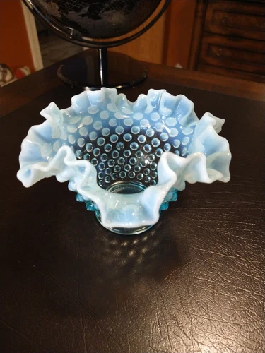 Vintage Blue Opalescent Hobnail Fenton Ruffled Footed Bowl 6-1/2" x4" Tall EXC