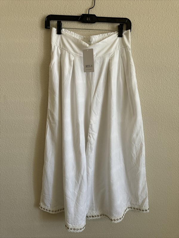 NWT MISA Imara Gold Crochet Grommet Crop Linen Pants White Size Medium