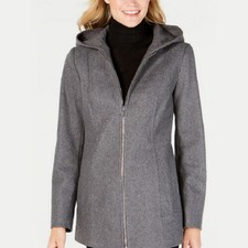 London Fog Hooded Wool Zipper Pockets Coat Uk M Grey L122360g74 139742