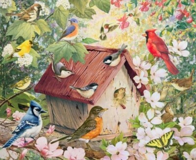 David Textiles - Birdhouse 2 Digital Quilting Fabric Panel With Cardinal & Robin