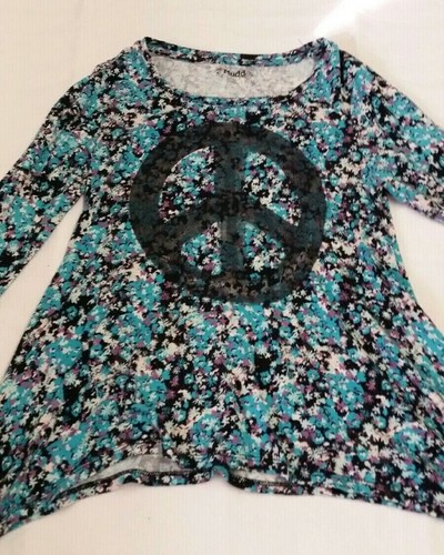 Mudd Shirt Top Pullover Girl Sz 10 Blue Peace Sign L Sleeve Floral Stretchy #954 - Picture 3 of 6