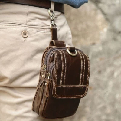 Sac Banane Homme en Cuir Véritable Taille Petite, Poche Téléphone Zippée - Photo 1/4