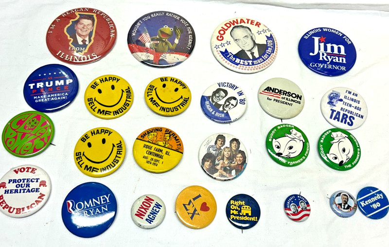 Vintage Pinback Buttons Lot of 24 Various Themes, Political, Bay City Rollers