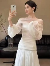 Off the Shoulder Wedding Dresses Puff Sleeves Pleated Chiffon Bride Gowns