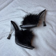 Vintage Y2K Pleaser Marabou Feather Mules 2006 Glitzy Collection Heels Black 8