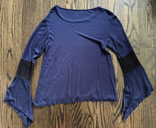 FLOWERS BY ZOE GIRLS NAVY BLUE & BLACK SWINGY A-LINE BELL SLEEVE TOP CROCHET - L - Picture 4 of 7