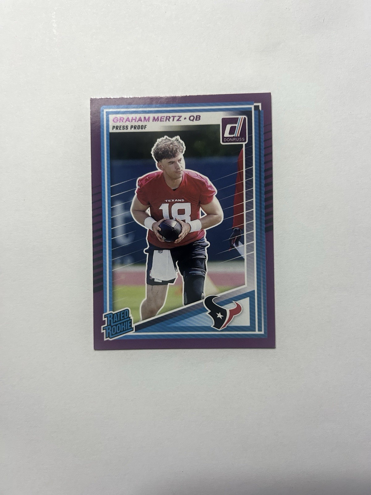2025 Donruss football Rated Rookie Graham Mertz Press Proof Purple Foil- Texans