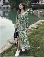 ZARA NEW WOMAN LONG PRINTED DRESS BELTED GREEN ~ 5216/247 Size XS