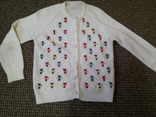 Vtg 50s/60s White Acrylic Pin-up Rockabilly Floral Embroidered Button Cardigan M