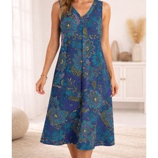 Coldwater Creek 100% Cotton Dress Teal Purple Floral Pockets Midi Size XL