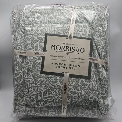 William Morris & Co Queen Green White Leaves Acorns Leaf Sheet Set 4Pc Cotton