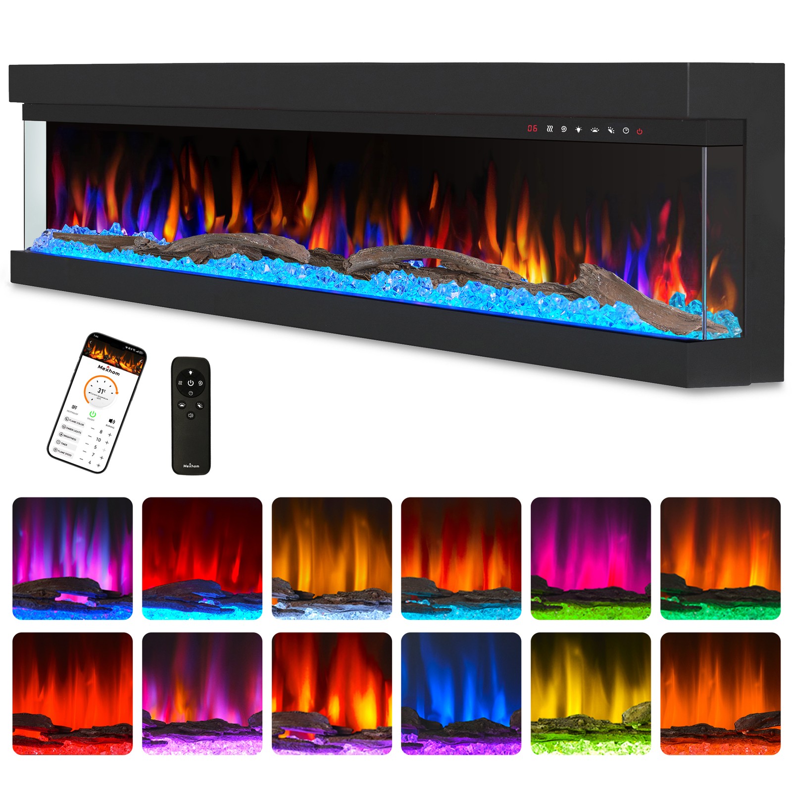 3 Sided Glass Built-in Electric Fireplace,Multi-Color Flames