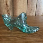 Fenton Glass Teal Green Glass Cabbage Rose Shoe Slipper Figurine