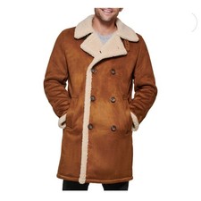 GUESS Men's Faux-Shearling Overcoat Jacket Sz L Brown Double Breasted Coat Warm