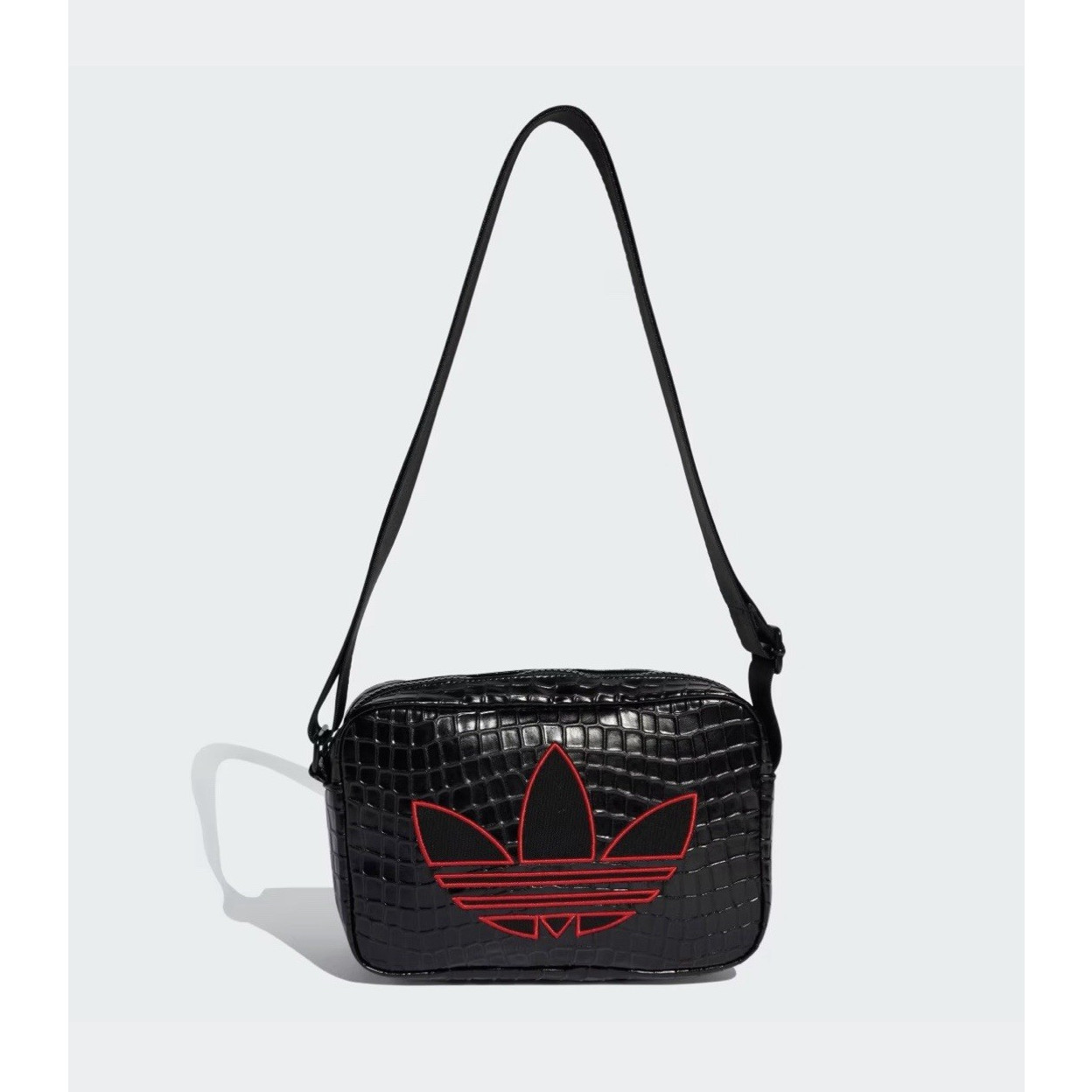 adidas Mini Shoulder Bag Black Red Crocodile Embossed Zip Ca