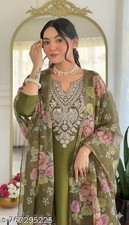 3 PCS Rayon Green Kurta Pant With Embroidered Dupatta Set For Women Pure Cotton