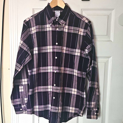 Brooks Brothers Regent Men s M Black White Gray Plaid Cotton Button-Down