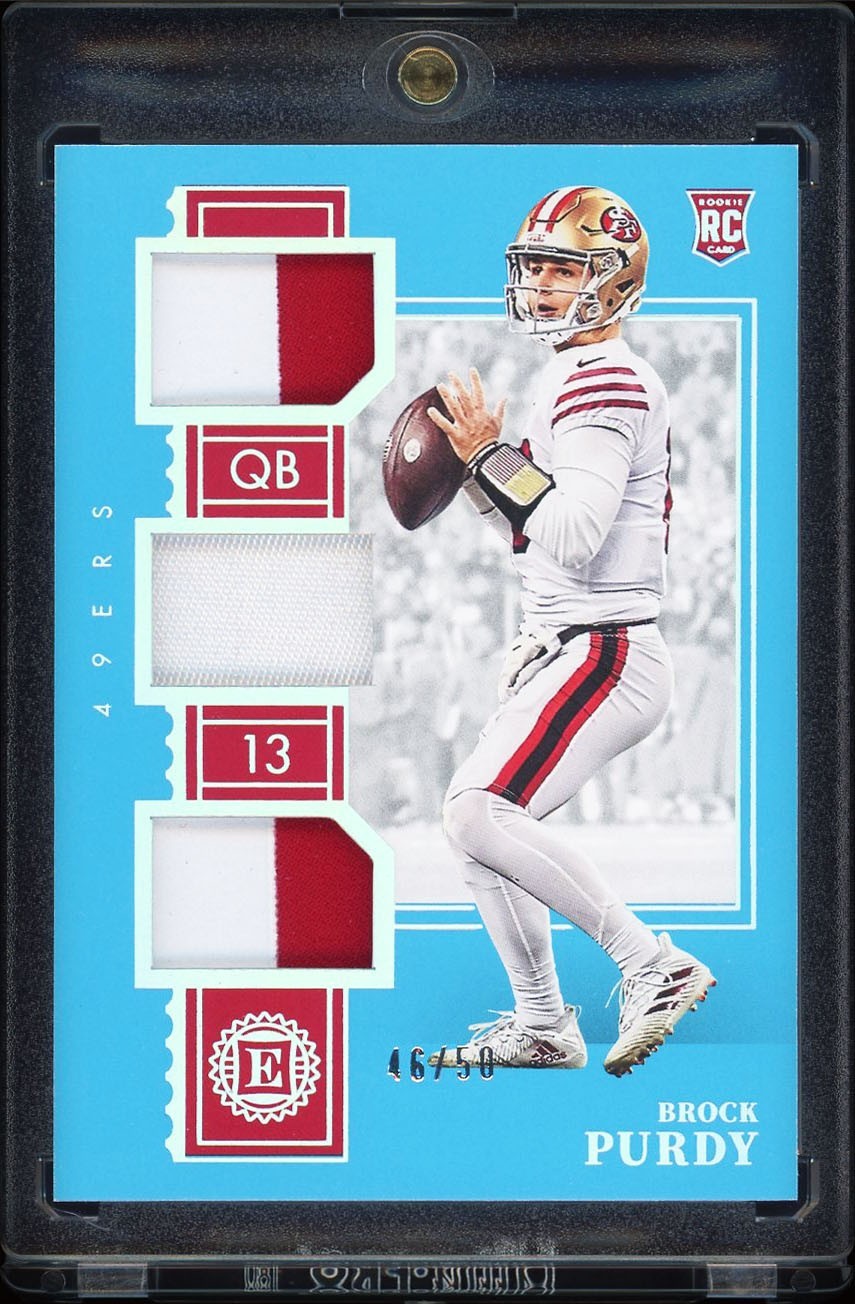 Brock Purdy Panini Encased Rookie Triple Memorabilia #RTM36 Sapphire
