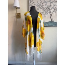 Floral Kimono Wrap Yellow Sunflower Print Fringe Trim Sheer Summer Coverup OS