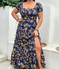 Navy Orange Floral Milkmaid Bardot Maxi Dress NEW Plus Size 18 Wedding Races