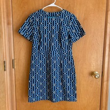 Boden Shift Dress Women 8R Blue Geometric Link Print Short Sleeve Cotton D0342