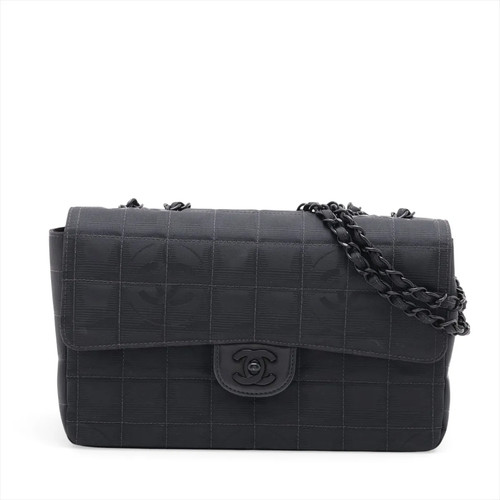 Chanel New Travel Line Nylon Single Flap Double Chain Bag Black Black Metal Fitt