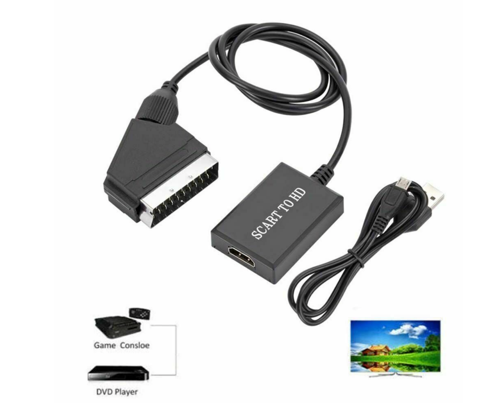 Portable SCART To HDMI Converter Cable Audio Video Adapter SCART DVD