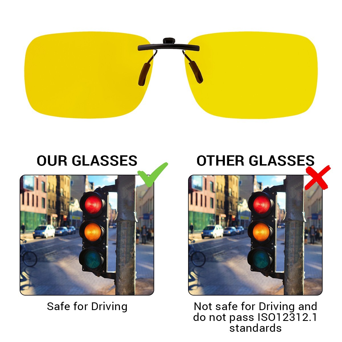 Rectangular Clip On Night Driving Glasses Polarized Yellow Lenses