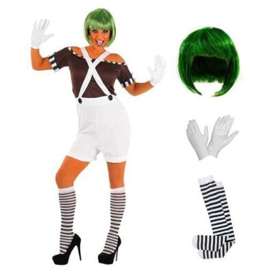 Womens Chocolate Factory Worker Costume Wig Adult Charlie Dress Halloween 