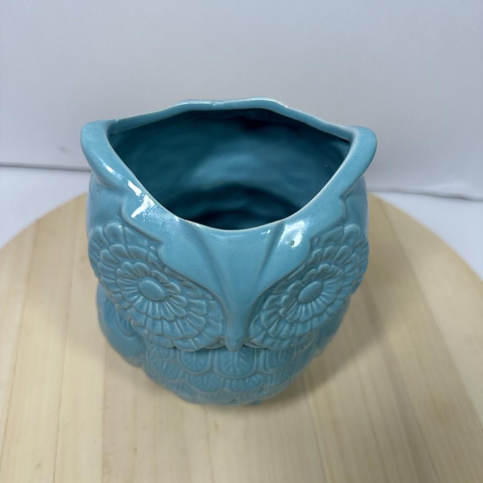 WORLD MARKET Ceramic Turquoise Owl Utensil Holder Planter Kitchen