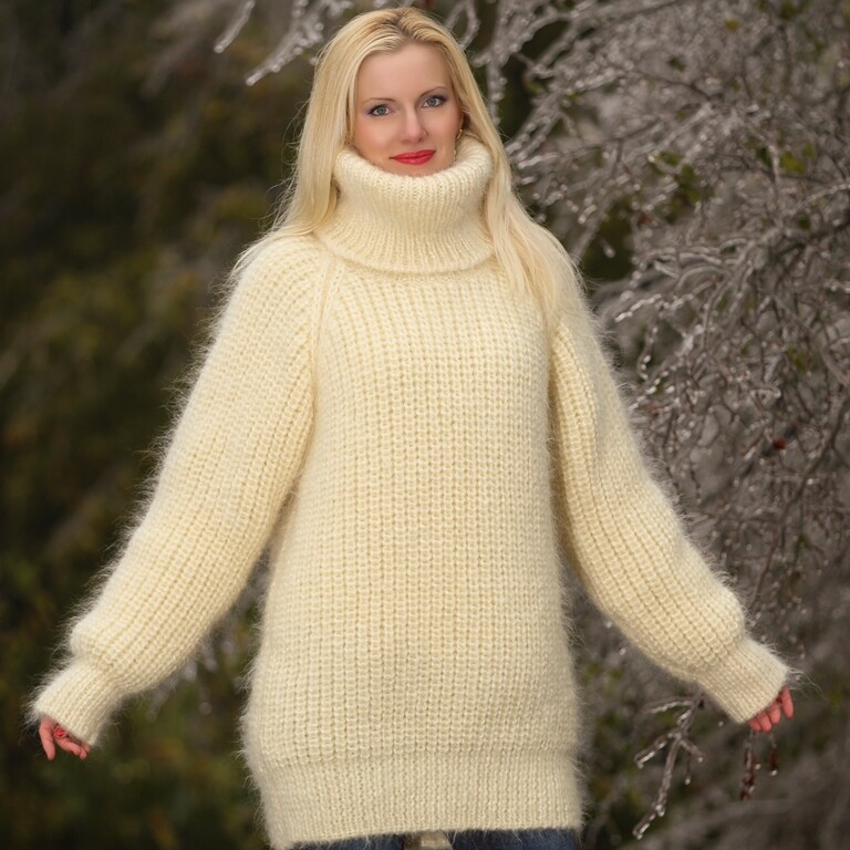 Ivory mohair sweater warm ski jumper handmade thick pullover