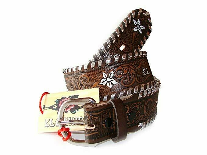 Cinturón El Charro E511 Infilata Plata Estampado A Fuego con Flores Pinturas