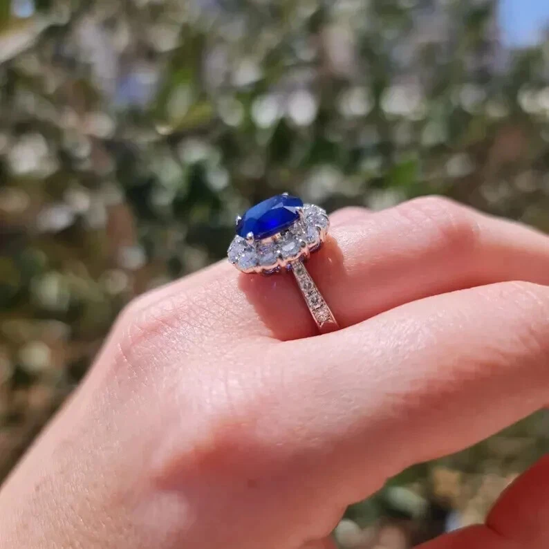 Обручальное кольцо из чистого белого золота 14 карат с натуральным сапфиром и бриллиантом огранки подушка 2,60 карата - Изображение 4 из 4