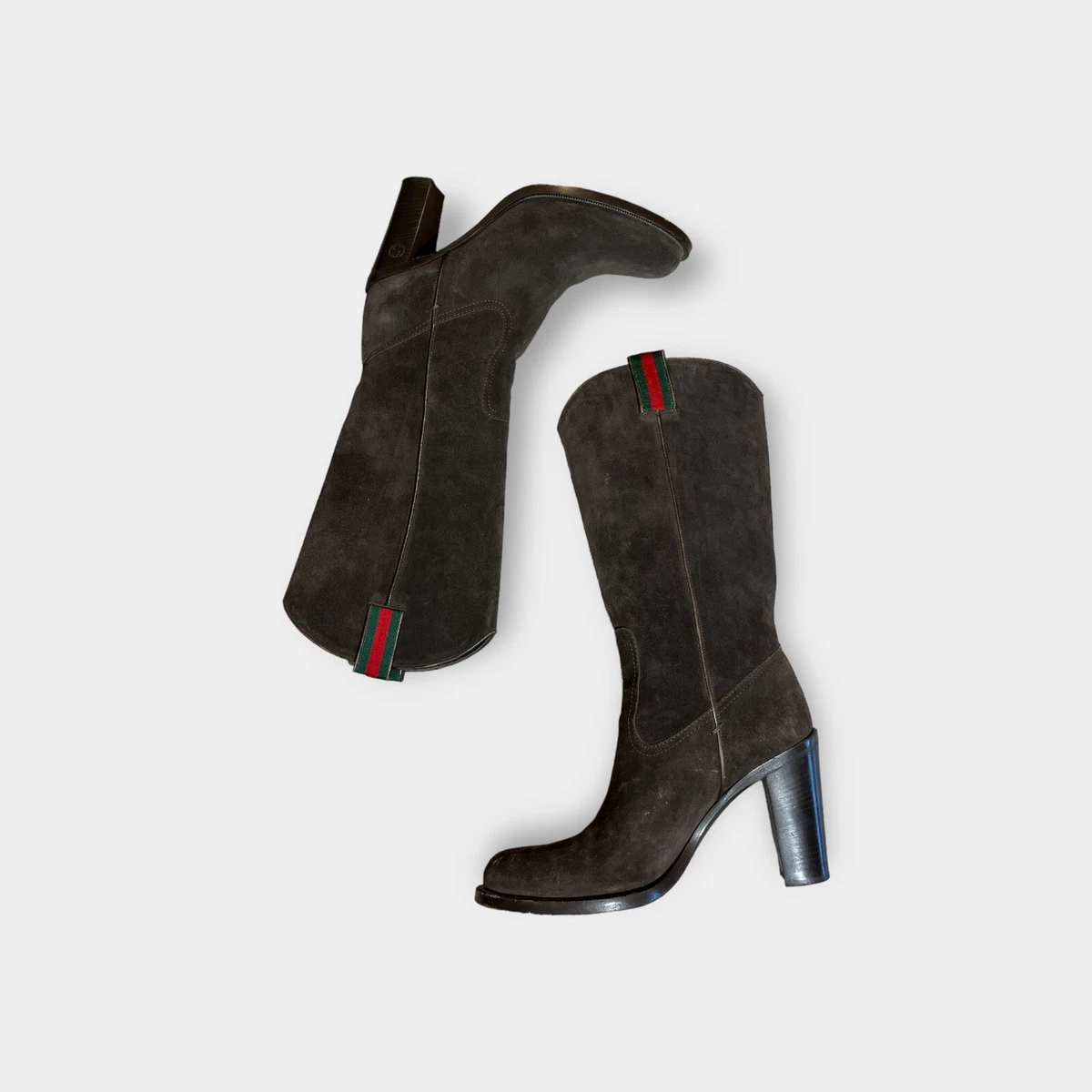 Gucci Western Suede/Leather Cowboy Block Heel Boots With W/ Red Green Strip