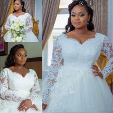 Plus Size Long Sleeves Wedding Dresses V Neck Lace Appliques Africa Bridal Dress