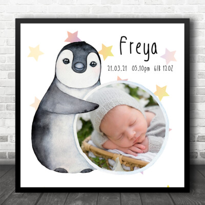 New Baby Birth Details Christening Nursery Penguin Photo Square Gift Print