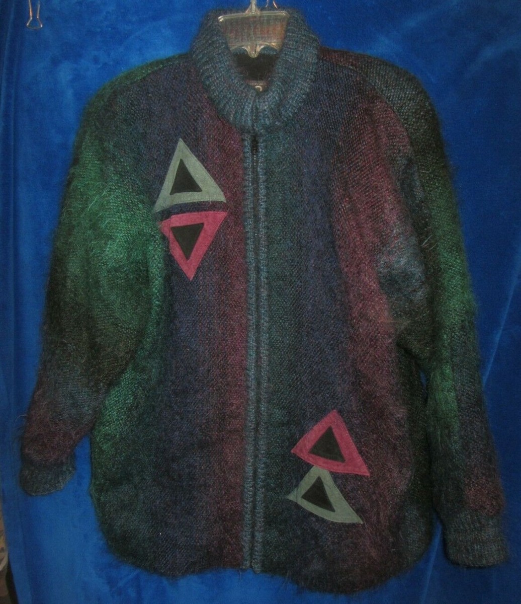 vtg Jinx Canada Woven Mohair/Wool/Suede full zip Cardigan Sweater