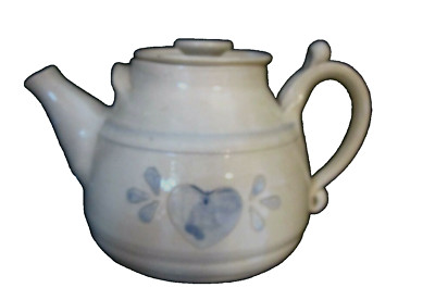 Vintage Sly Cat Studio Pottery Teapot. Blue heart on white clay. Marked