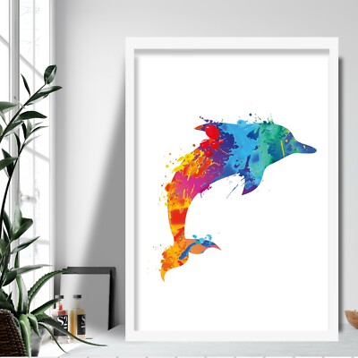 Aquarellfarbe Splash Delphin Kunstdruck Sea-Life Galerie Wand Poster Geschenk