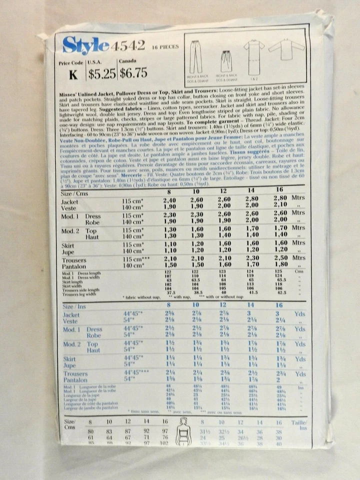 Style 4542 sewing pattern Suit with jacket skirt trousers blouse Size 8-12 UNCUT - Image 2 of 2