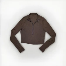 Shein Cropped Ribbed Womens Medium Choco Brown Stretch 1/2 Zip Top Shirt