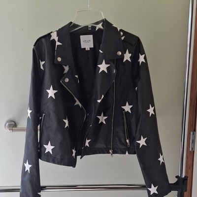 Le Lis Star Print Biker Jacket Zipper Collared Black/White S Women