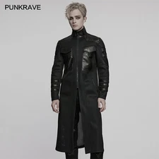 Punk Rave Men Black Gothic Cyberpunk Flap Pocket Fitted Jacket Knitted Long Coat