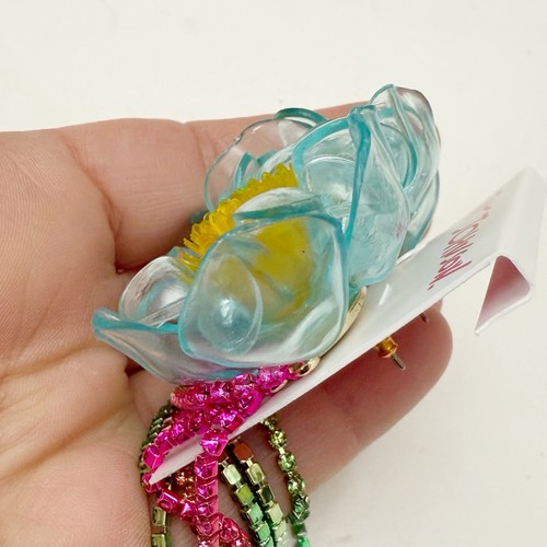 Betsey Johnson Oversized Aqua Jelly Flower Bloom Rhinestone Dangle Earrings NEW - Picture 6 of 7