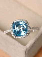 Baby Blue Square Cubic Zirconia Halo Ring Size 5 6 7 8 9 10 11