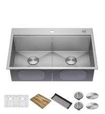 KRAUS LOFTEN PRO 33 in. DROP IN UNDERMOUNT DOUBLE BOWL KITCHEN WORKSTATION SINK