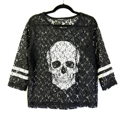 Express Shirt Women's Size S Black White Lace Sheer Skull 3/4 Sleeve Round Neck