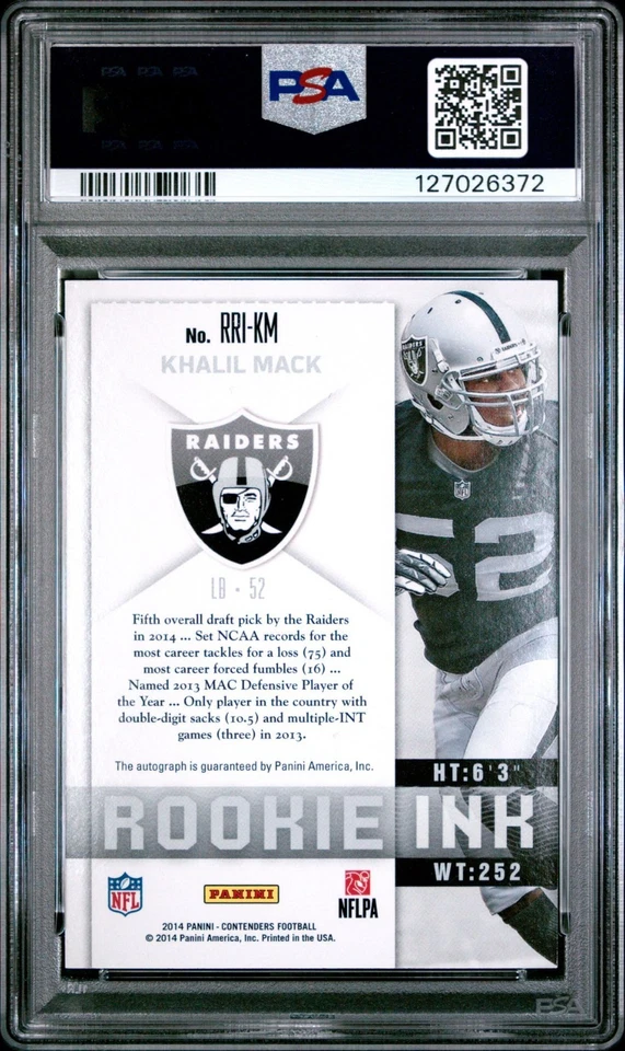 2014 Contenders Khalil Mack Auto Rookie Ink Premiere #RRIKM PSA 8 NM-MT RC - Image 2 of 2