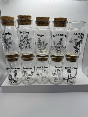Vintage Wheaton Spice Jars With Botanical Illustrations One Cork Top Is Missing